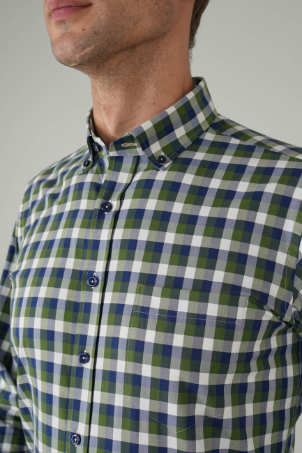 Erkek Uzun Kollu Kareli Spor Pamuk Gömlek Yeşil - 3