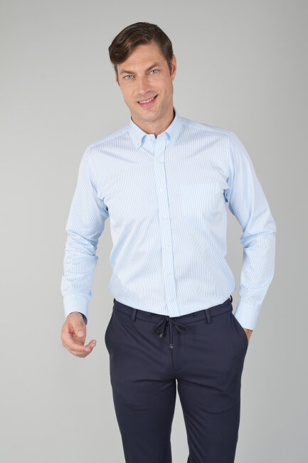 Erkek Uzun Kollu Mavi Çizgili Pamuk Gömlek