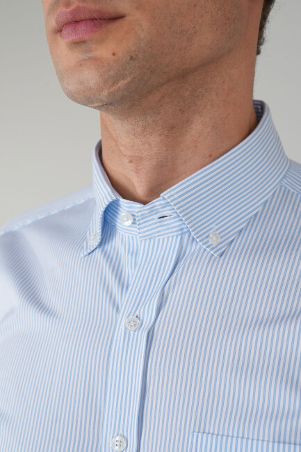 Erkek Uzun Kollu Mavi Çizgili Pamuk Gömlek - 3