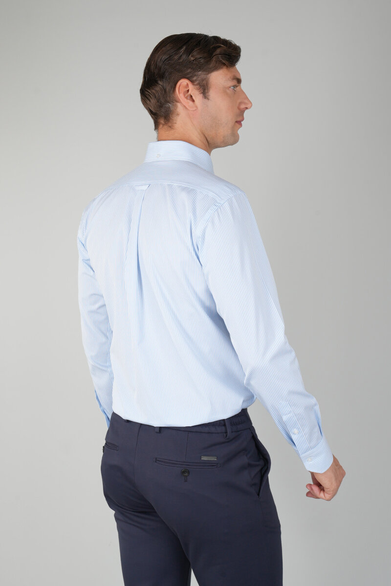 Erkek Uzun Kollu Mavi Çizgili Pamuk Gömlek - 2