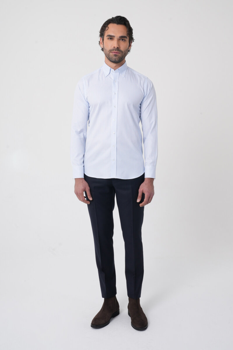 Erkek Uzun Kollu Mavi Desenli Regular Fit Gömlek - 4