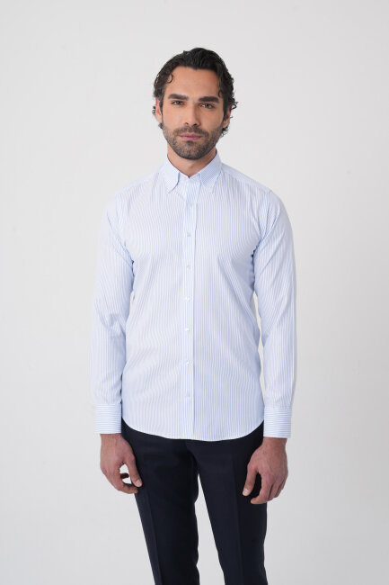 Erkek Uzun Kollu Mavi Desenli Regular Fit Gömlek - 1