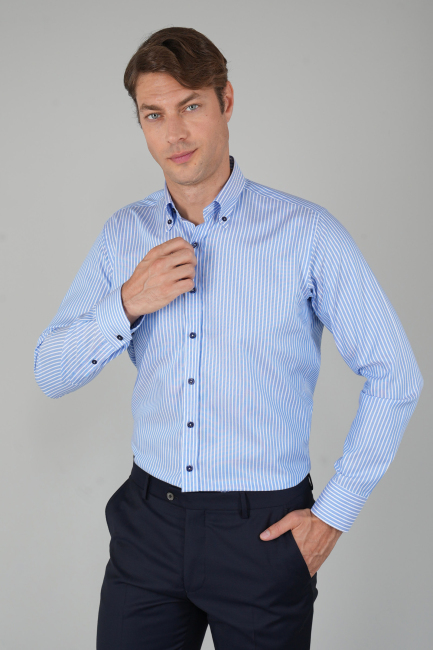 Erkek Uzun Kollu Pamuk Mavi Çizgili Gömlek