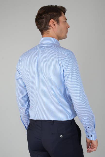 Erkek Uzun Kollu Pamuk Mavi Çizgili Gömlek (1)