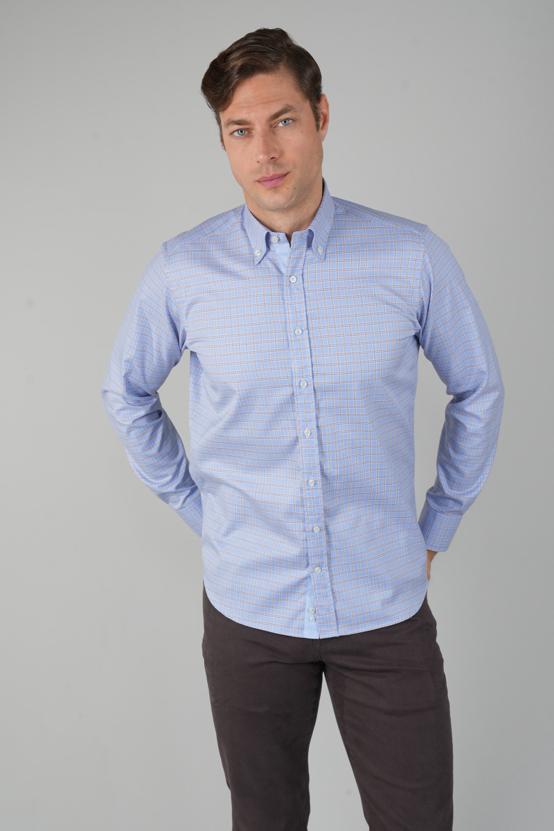 Erkek Uzun Kollu Reguar Fit Kahve Kareli Mavi Gömlek