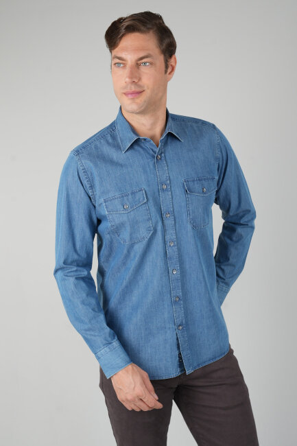 Erkek Uzun Kollu Regular Fit Denim Gömlek - 1