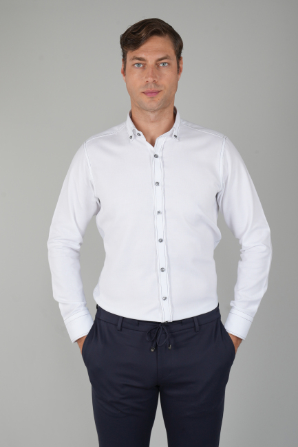 Erkek Uzun Kollu Regular Fit Haki Dikişli Beyaz Gömlek