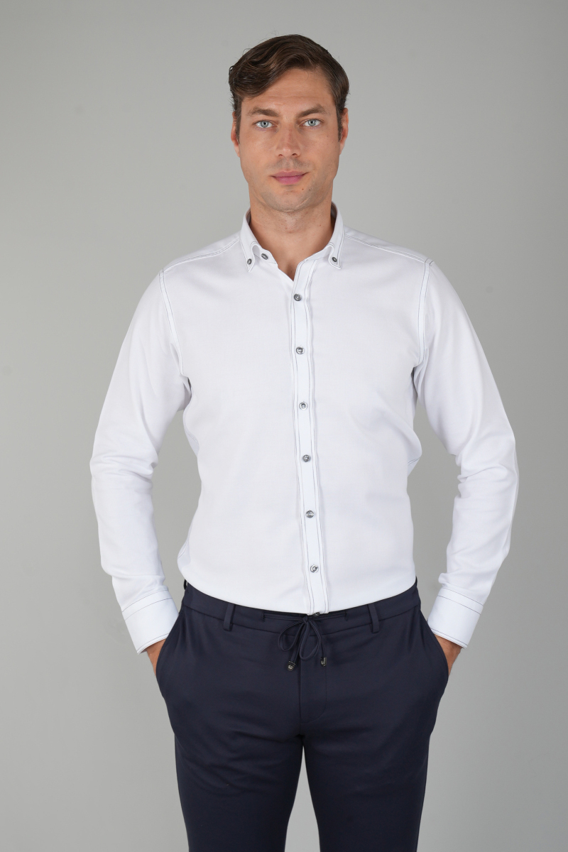 Erkek Uzun Kollu Regular Fit Haki Dikişli Beyaz Gömlek