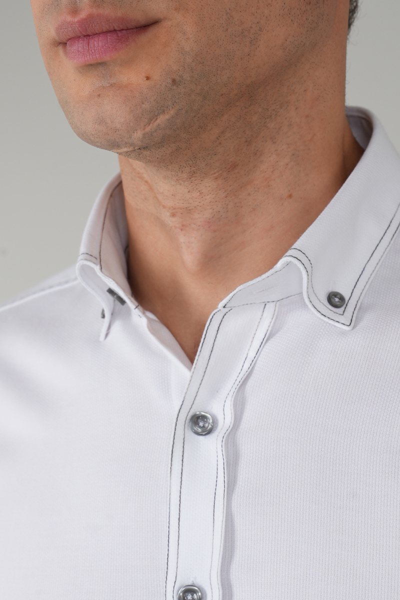 Erkek Uzun Kollu Regular Fit Haki Dikişli Beyaz Gömlek - 3