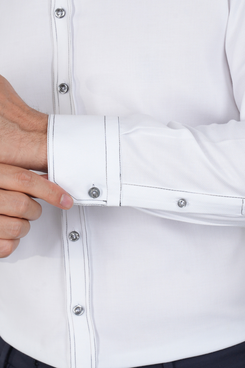 Erkek Uzun Kollu Regular Fit Haki Dikişli Beyaz Gömlek - 4