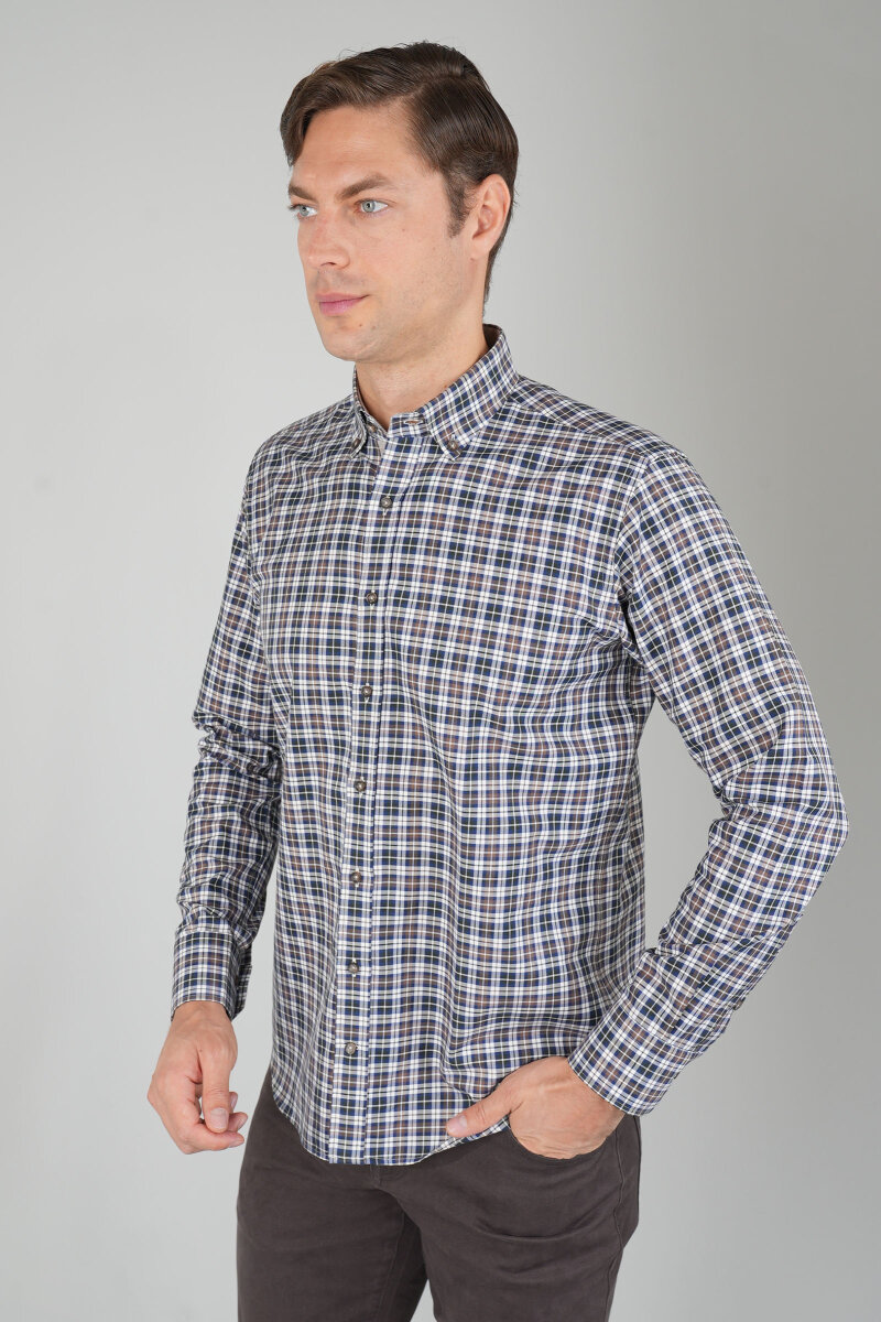 Erkek Uzun Kollu Regular Fit Pamuk Gömlek Kahve - 1