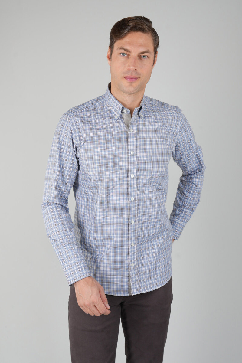 Erkek Uzun Kollu Regular Fit Pamuk Gömlek Mavi-Bej