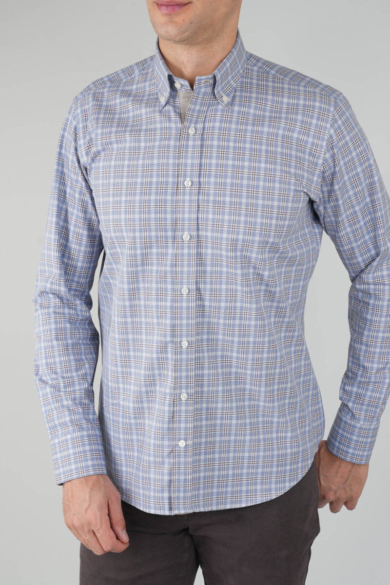 Erkek Uzun Kollu Regular Fit Pamuk Gömlek Mavi-Bej - 4