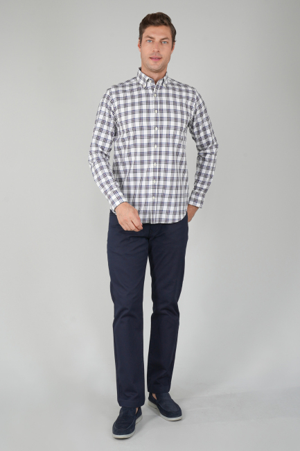 Erkek Uzun Kollu Regular Fit Pamuk Spor Kareli Gömlek Ekru - 6