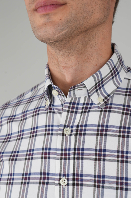 Erkek Uzun Kollu Regular Fit Pamuk Spor Kareli Gömlek Ekru - 3