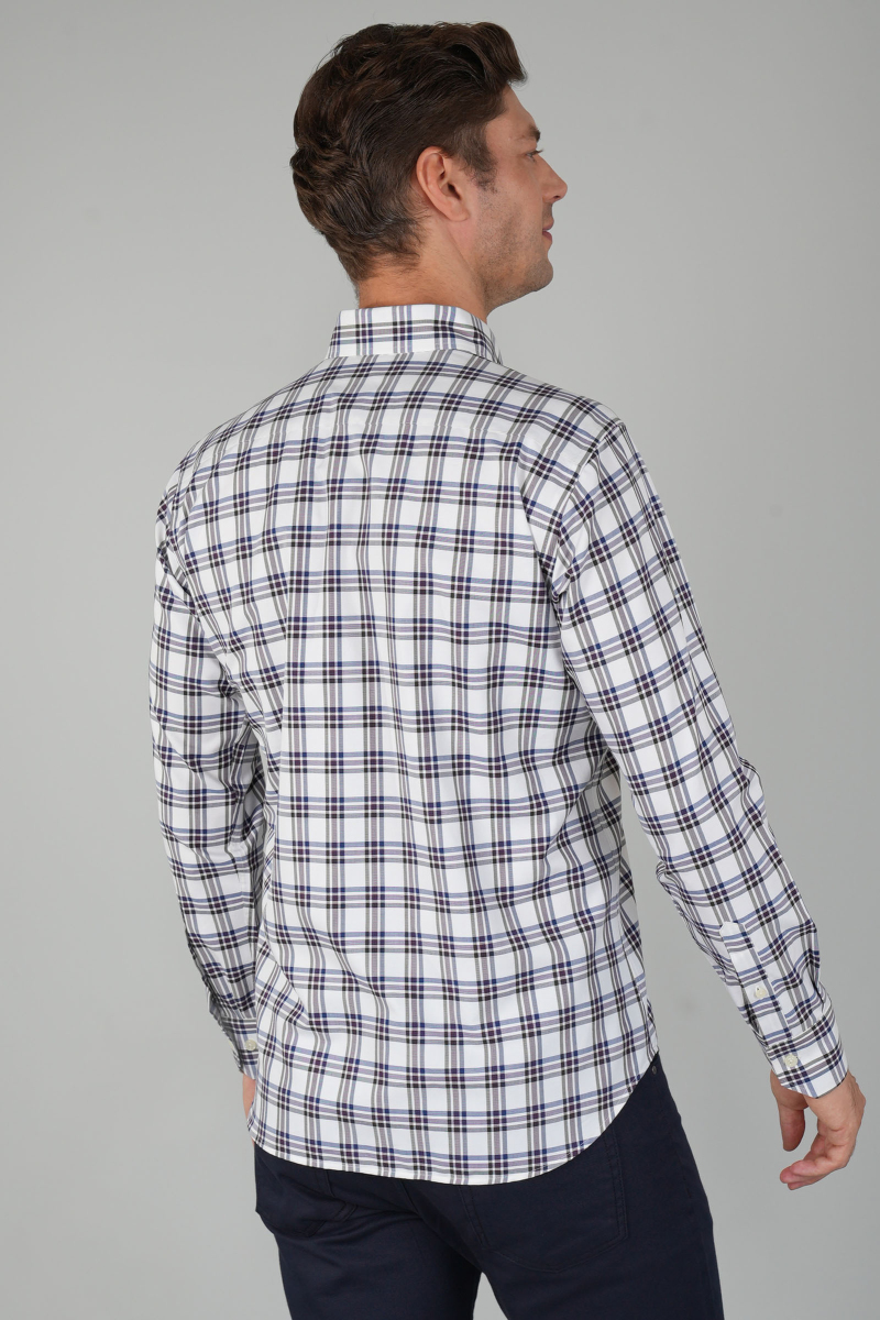 Erkek Uzun Kollu Regular Fit Pamuk Spor Kareli Gömlek Ekru - 2