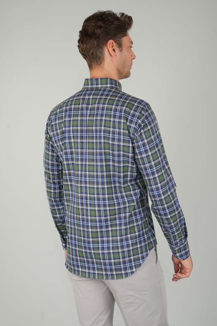 Erkek Uzun Kollu Regular Fit Pamuk Spor Kareli Gömlek Lacivert - 2