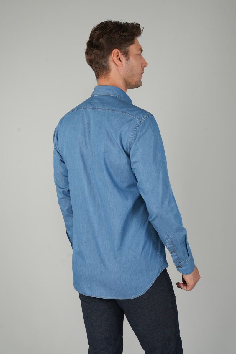 Erkek Uzun Kollu Spor Açık Renk Denim Gömlek - 2