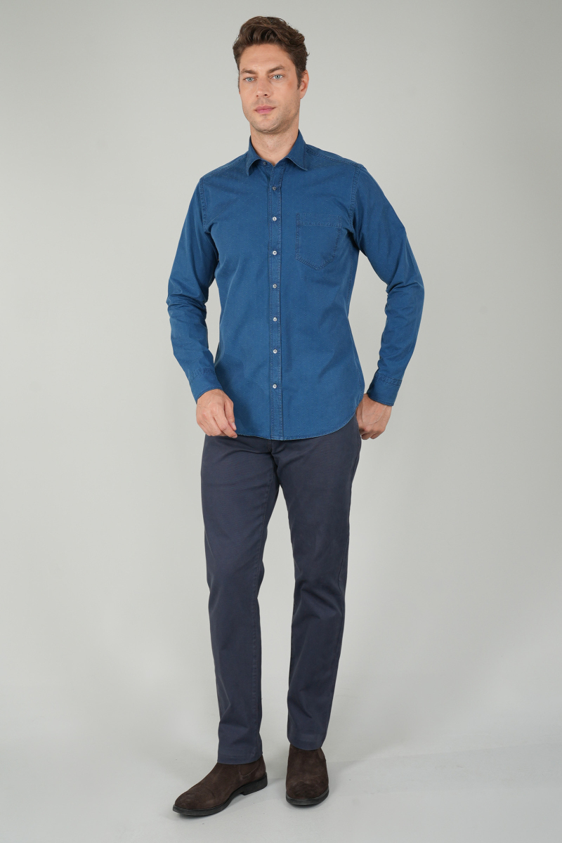 Erkek Uzun Kollu Spor Yaka Denim Gömlek - 5