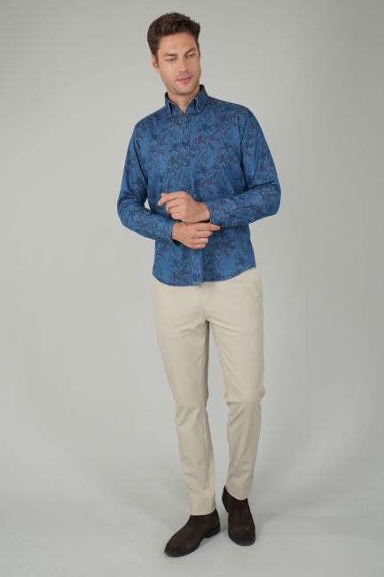 Erkek Uzun Kollu Spor Yaka Floral Desenli Denim Gömlek - 5