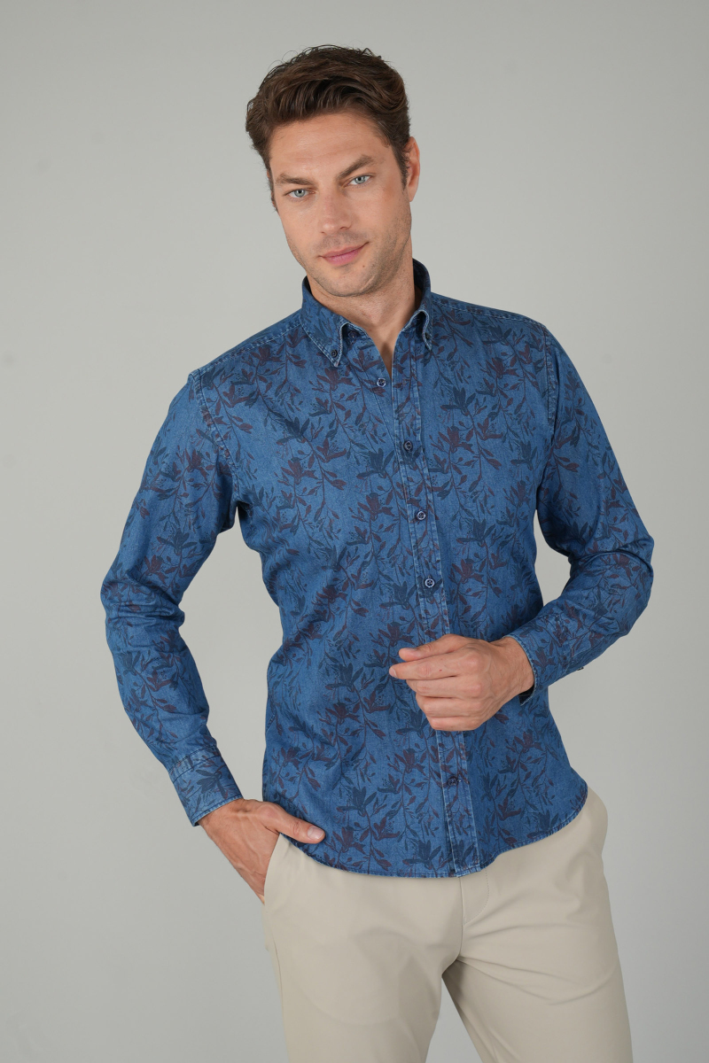 Erkek Uzun Kollu Spor Yaka Floral Desenli Denim Gömlek