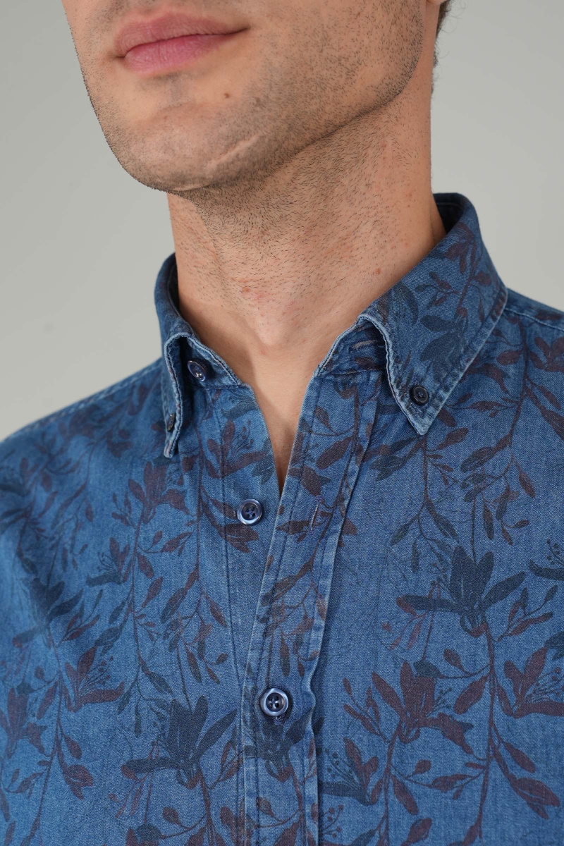 Erkek Uzun Kollu Spor Yaka Floral Desenli Denim Gömlek - 3
