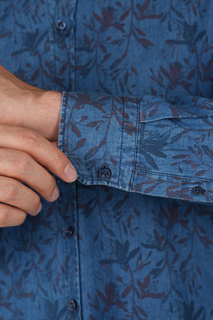 Erkek Uzun Kollu Spor Yaka Floral Desenli Denim Gömlek - 4