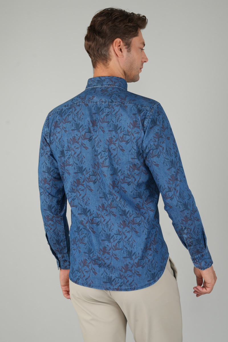 Erkek Uzun Kollu Spor Yaka Floral Desenli Denim Gömlek (1)