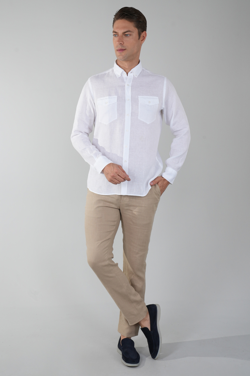 Erkek Uzun Kollu Spor Yaka  Keten Beyaz Gömlek - 5