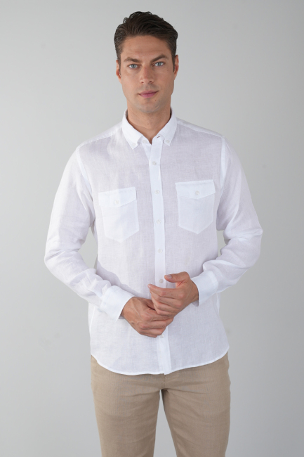 Erkek Uzun Kollu Spor Yaka  Keten Beyaz Gömlek - 1