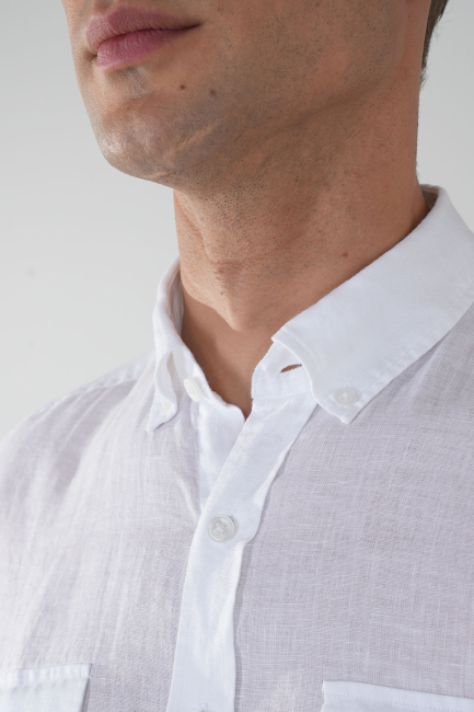 Erkek Uzun Kollu Spor Yaka  Keten Beyaz Gömlek - 3