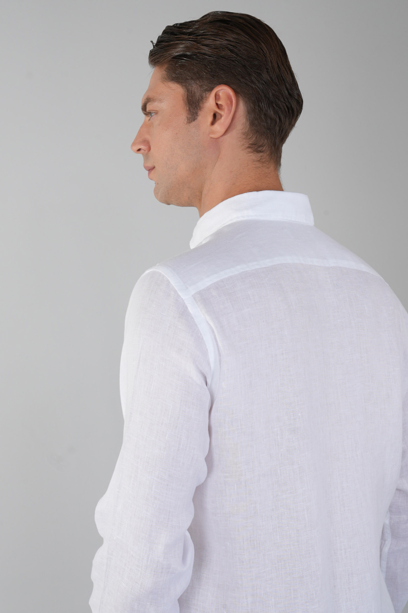 Erkek Uzun Kollu Spor Yaka  Keten Beyaz Gömlek - 2