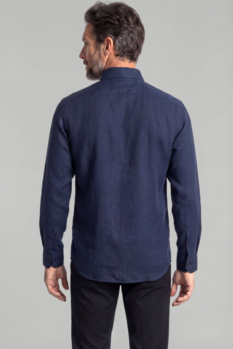 Erkek Uzun Kollu Spor Yaka Keten Lacivert Gömlek - 2