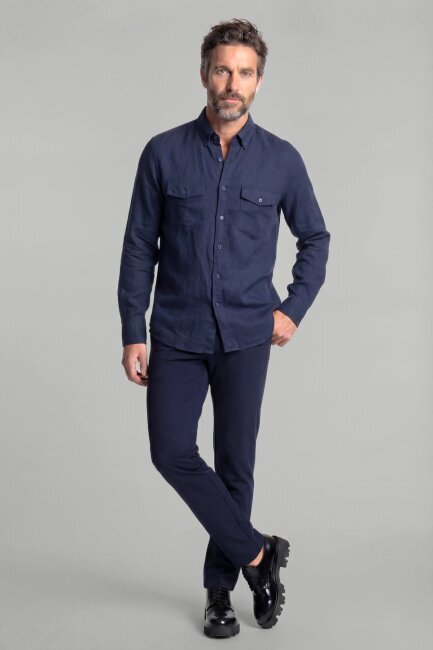 Erkek Uzun Kollu Spor Yaka  Keten Lacivert Gömlek - 3