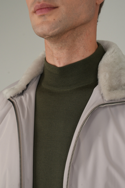 Erkek Yakası Kürklü Fermuarlı Bej Mont - 4