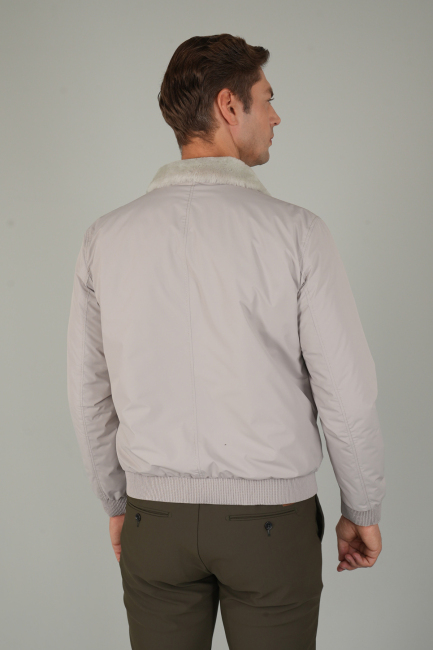 Erkek Yakası Kürklü Fermuarlı Bej Mont (1)