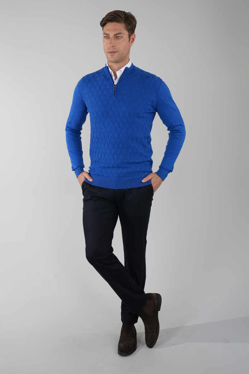 Erkek Yarım Balıkçı Yaka Fermuar Detaylı Jakarlı Triko Sax - 5