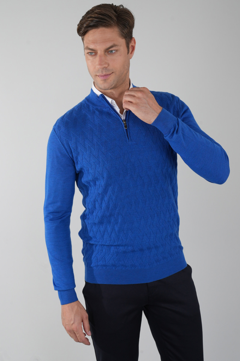 Erkek Yarım Balıkçı Yaka Fermuar Detaylı Jakarlı Triko Sax - 1