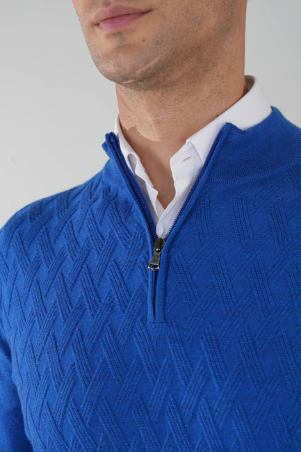 Erkek Yarım Balıkçı Yaka Fermuar Detaylı Jakarlı Triko Sax - 3