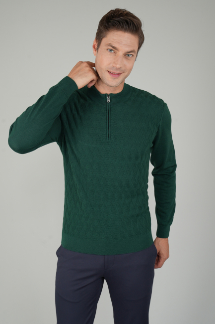 Erkek Yarım Balıkçı Yaka Fermuar Detaylı Jakarlı Triko Yeşil - 1