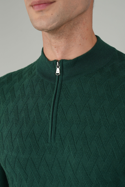 Erkek Yarım Balıkçı Yaka Fermuar Detaylı Jakarlı Triko Yeşil - 4