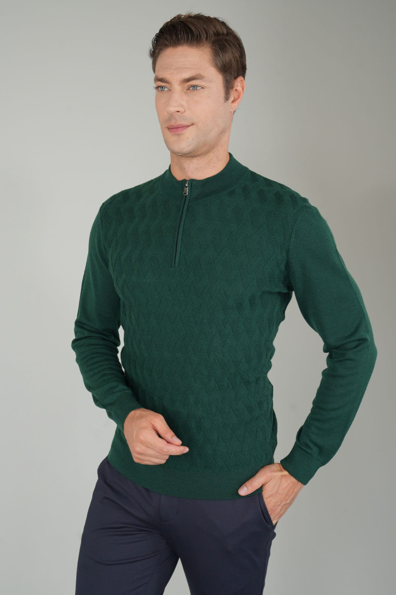 Erkek Yarım Balıkçı Yaka Fermuar Detaylı Jakarlı Triko Yeşil - 3