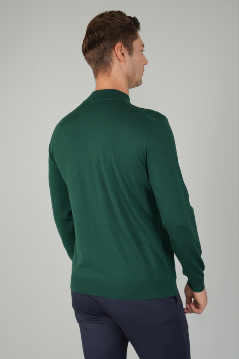 Erkek Yarım Balıkçı Yaka Fermuar Detaylı Jakarlı Triko Yeşil - 2
