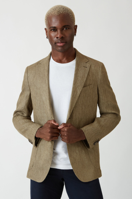 Erkek Yeşil 2 Düğmeli Çift Yırtmaç Mono Yaka Ceket