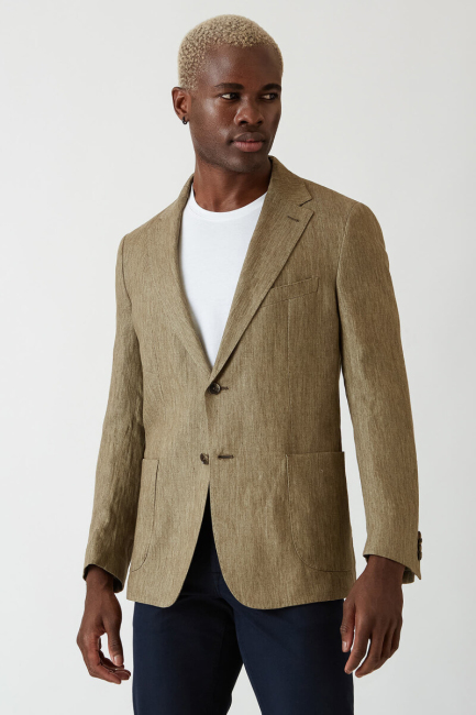 Erkek Yeşil 2 Düğmeli Çift Yırtmaç Mono Yaka Ceket - 4