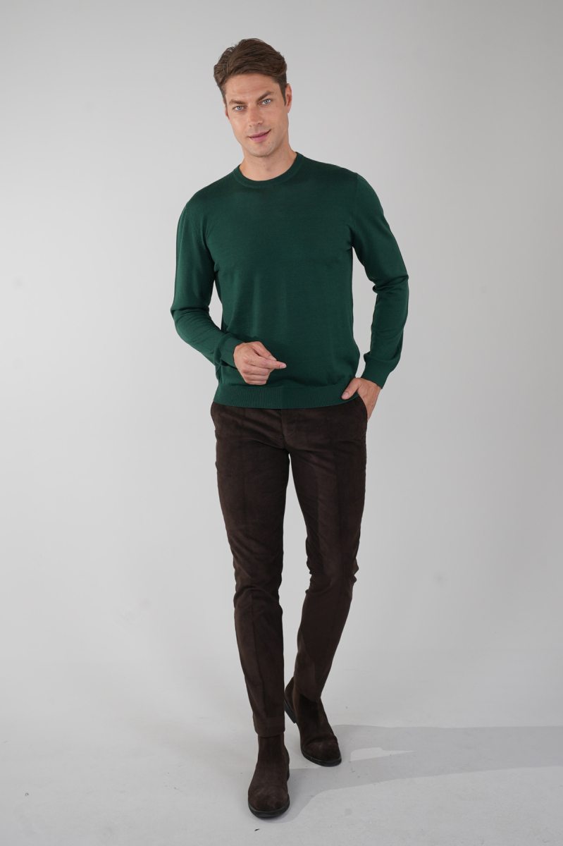 Erkek Yeşil Bisiklet Yaka Yün Triko - 5