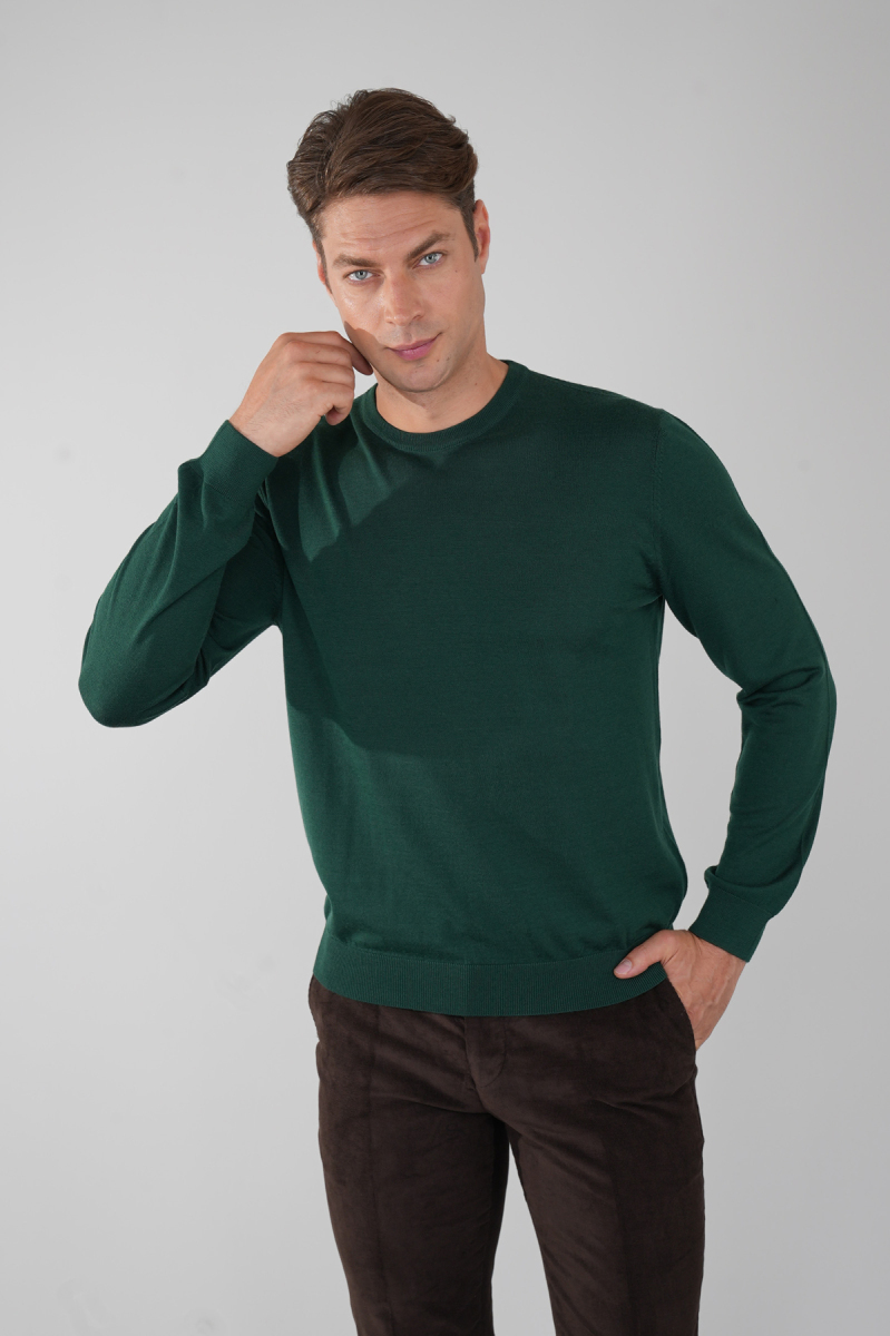 Erkek Yeşil Bisiklet Yaka Yün Triko - 1