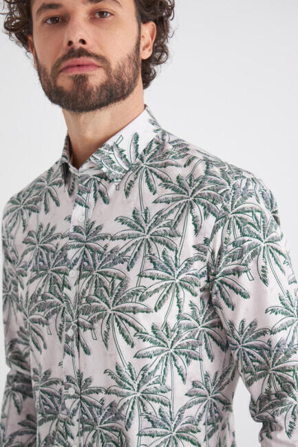 Erkek Yeşil Desenli Slim Fit Uzun Kol Spor Gömlek - 3