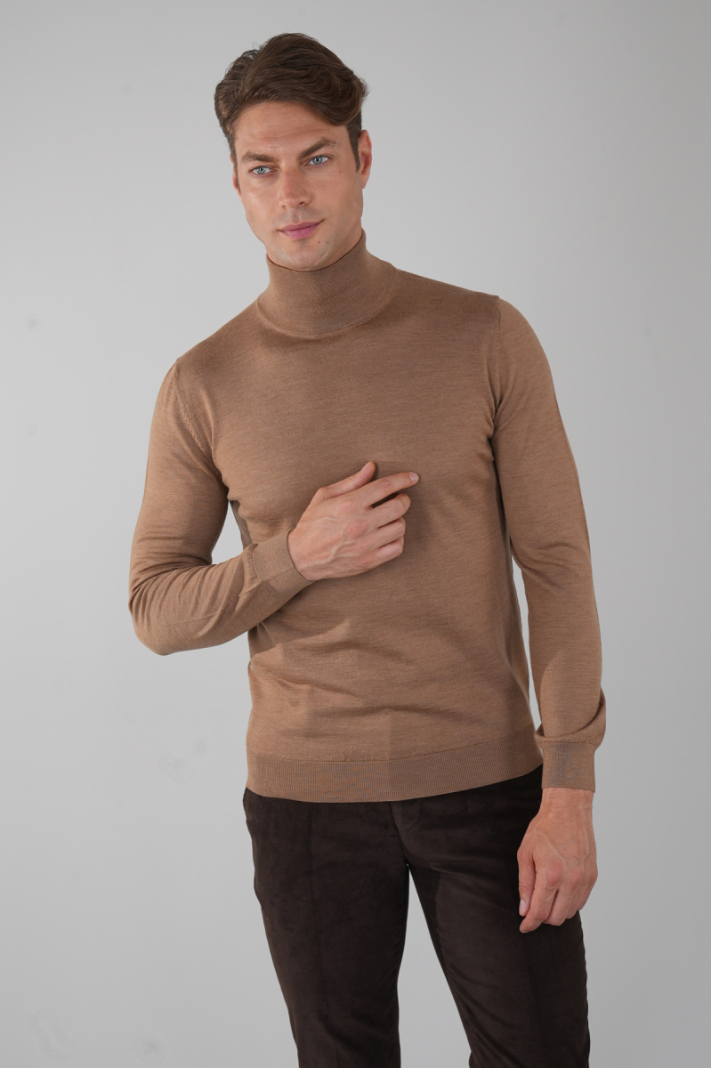 Erkek Yün Basic Yarım Balıkçı Yaka Triko Açık-Kahve
