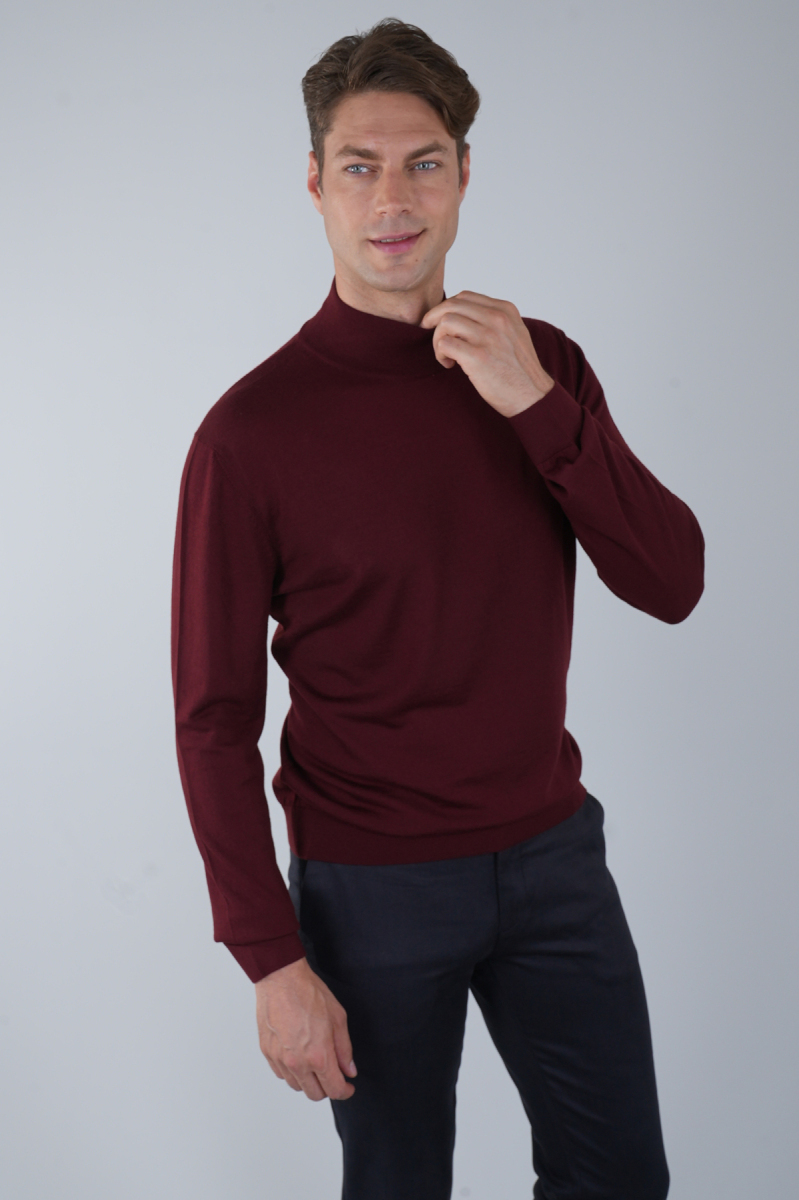 Erkek Yün Basic Yarım Balıkçı Yaka Triko Bordo - 3
